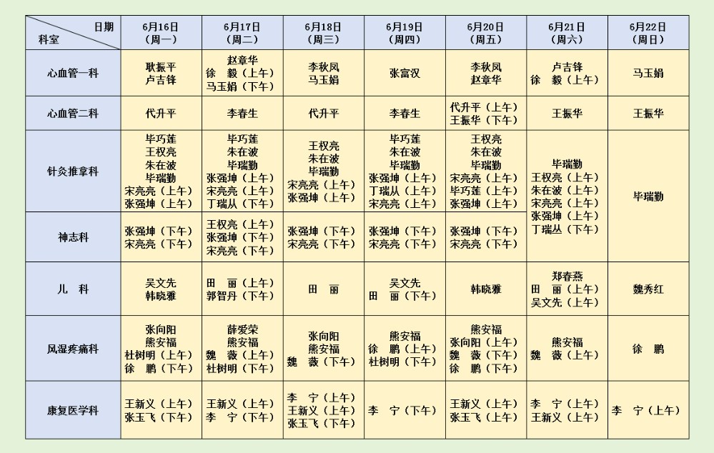 坐诊表