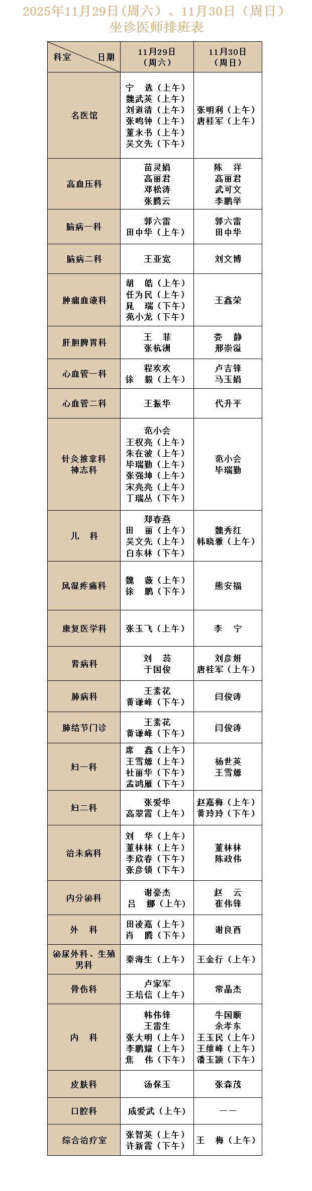 【就医指南】河南省中西医结合医院11 月 29 日（周六）、30 日（周日）坐诊医师排班表.png